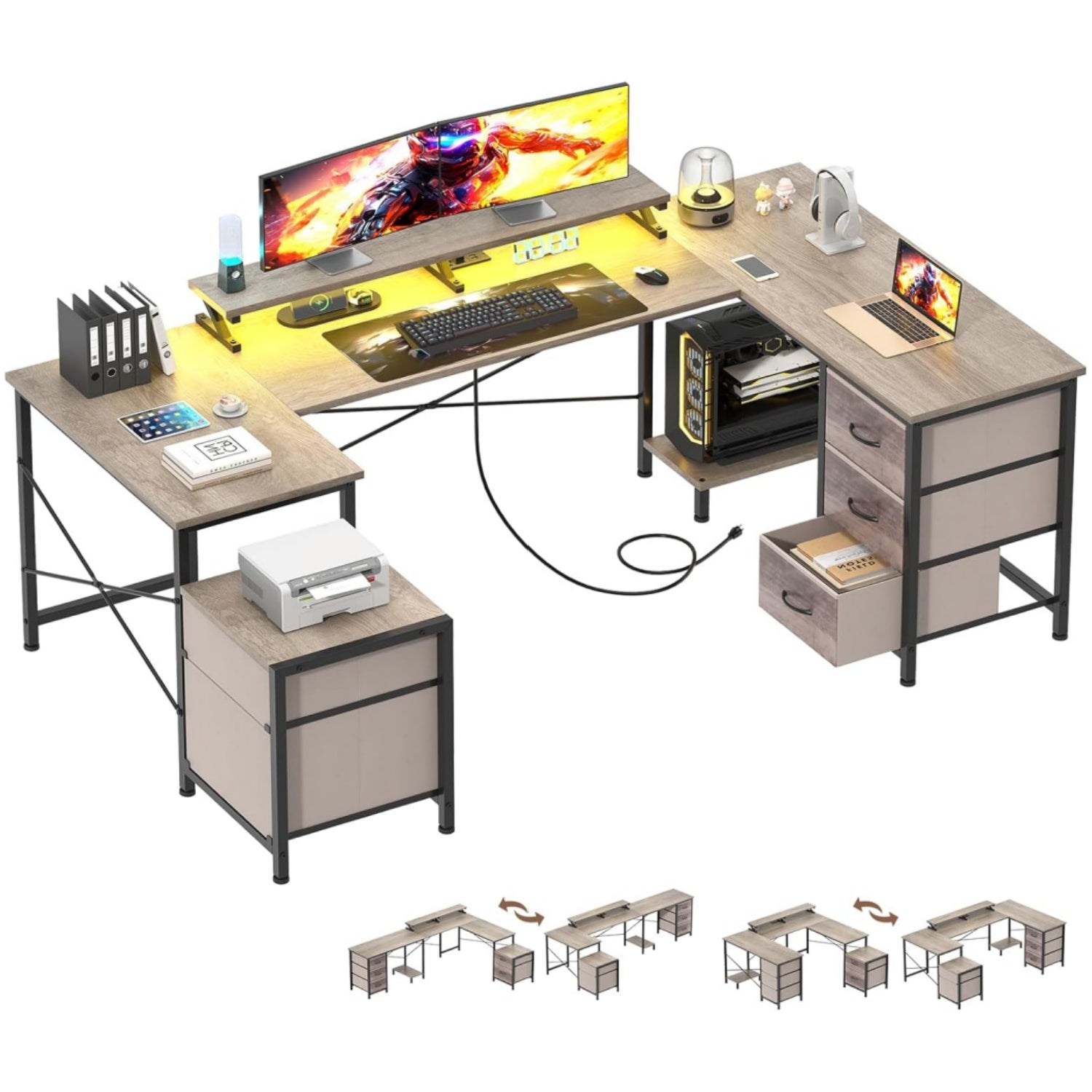 U Shaped Computer Desk, Reversible L Shaped Home Office Desk with Drawers, Monitor Stand, LED Lights, Corner Gamer Desk Table with Power Outlets & USB Ports, Grey
