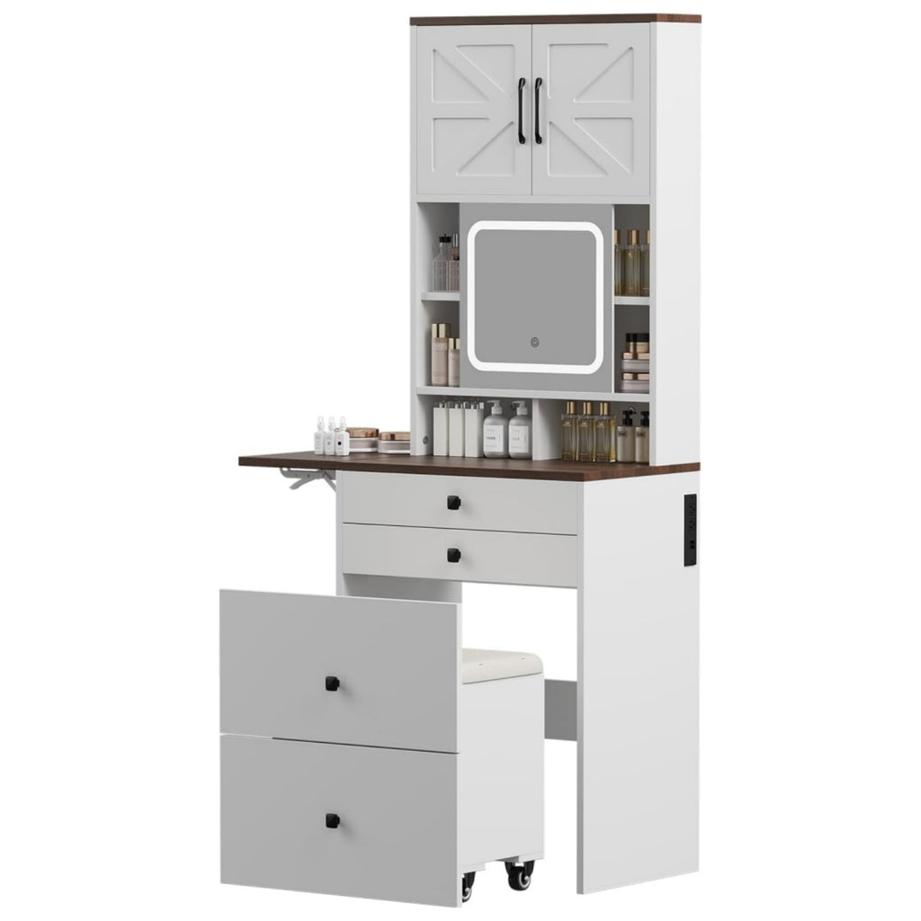 Vanity Desk with Mirror & Side-Mounted Power Strip, Makeup Vanity Table with Foldable Side Panels, Top Built-in Storage Dresser, Walnut+White
