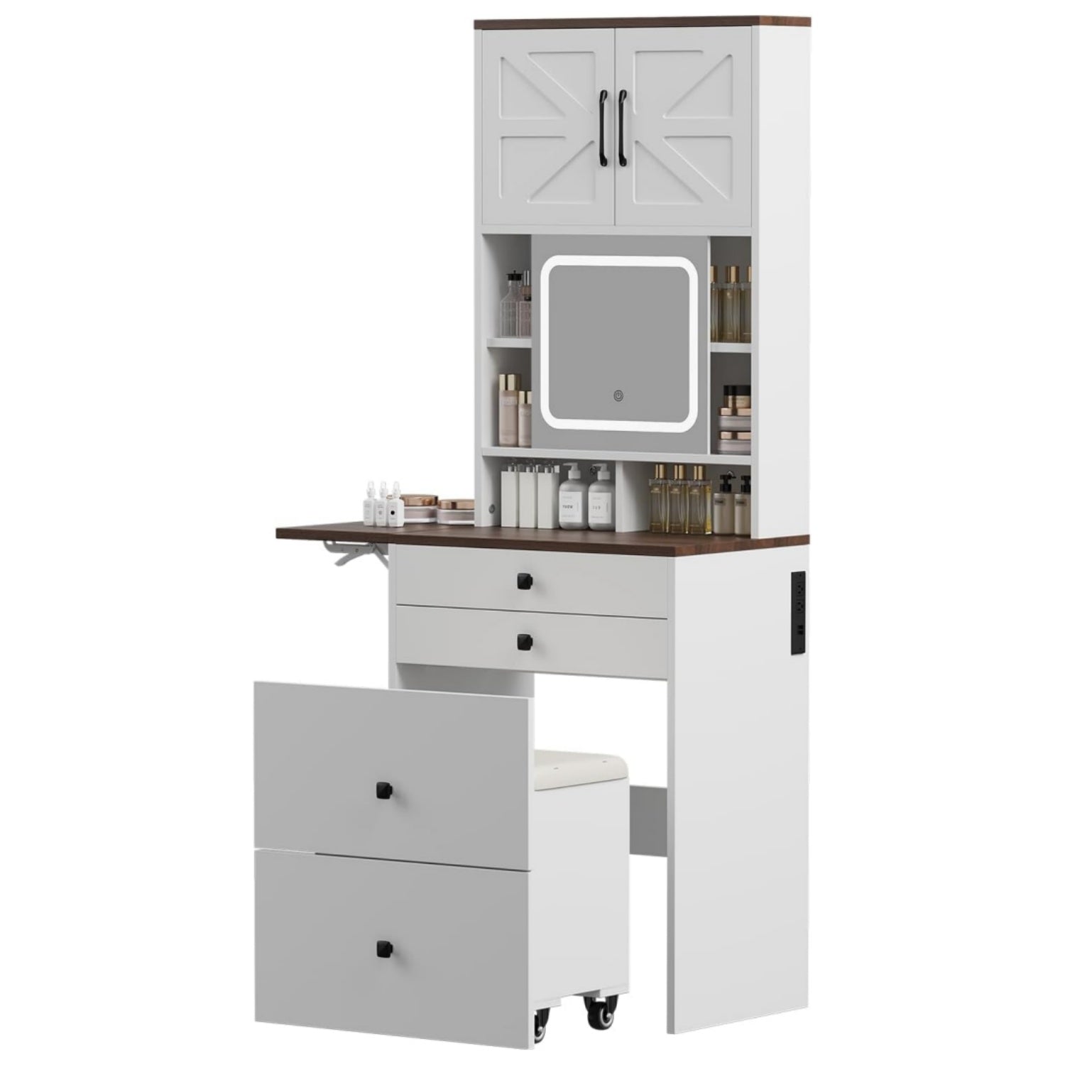 Vanity Desk with Mirror & Side-Mounted Power Strip, Makeup Vanity Table with Foldable Side Panels, Top Built-in Storage Dresser, Walnut+White