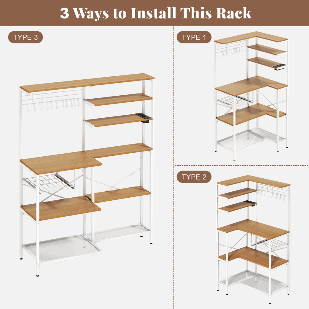 L-Shaped Bakers Rack with Power Sockets, 6-Tier Microwave Stand with Hooks, Coffee Bar with Open Storage, Mesh Grid, Kitchen Shelf with Wire Basket, White