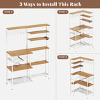 L-Shaped Bakers Rack with Power Sockets, 6-Tier Microwave Stand with Hooks, Coffee Bar with Open Storage, Mesh Grid, Kitchen Shelf with Wire Basket, White