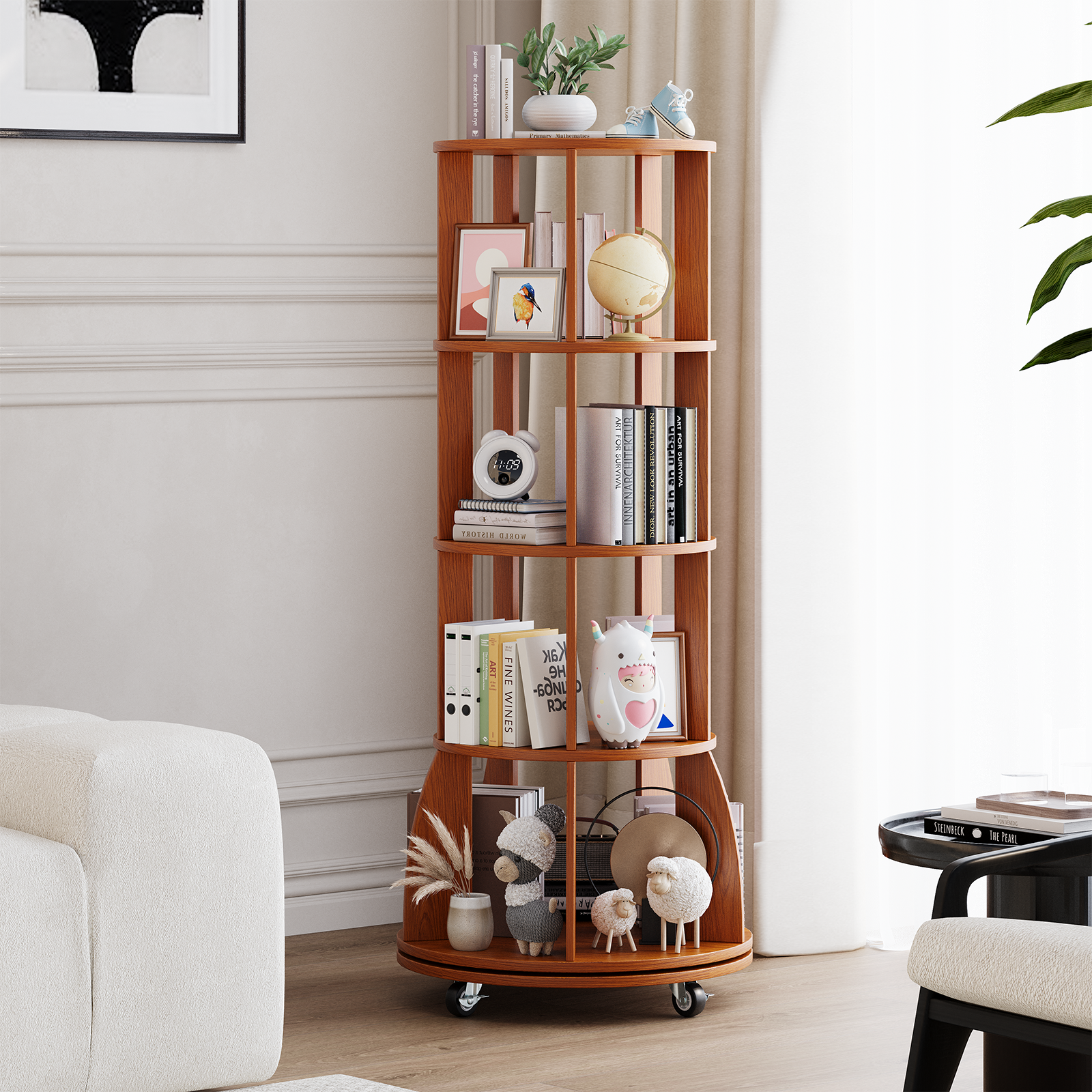 4 Tier Rotating Bookshelf with Brake Wheels, 360° Spinning Bookcase, Vertical Floor Standing Revolving Bookshelf Organizer for Small Spaces, Corner, Living Room, Bedroom, Rustic Brown