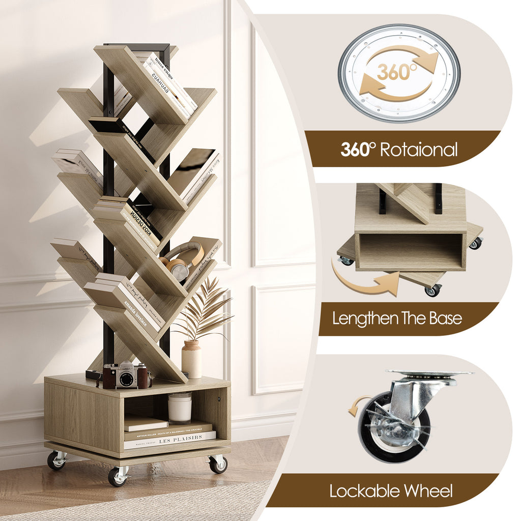 Double Sided Rotating Tree Bookshelf - 7-Tier Retro Floor Standing Bookcase, Wood Storage for Books, CDs, Movies, Perfect for Small Spaces in Bedroom, Living Room, Home Office, Grey