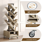 Double Sided Rotating Tree Bookshelf - 7-Tier Retro Floor Standing Bookcase, Wood Storage for Books, CDs, Movies, Perfect for Small Spaces in Bedroom, Living Room, Home Office, Grey