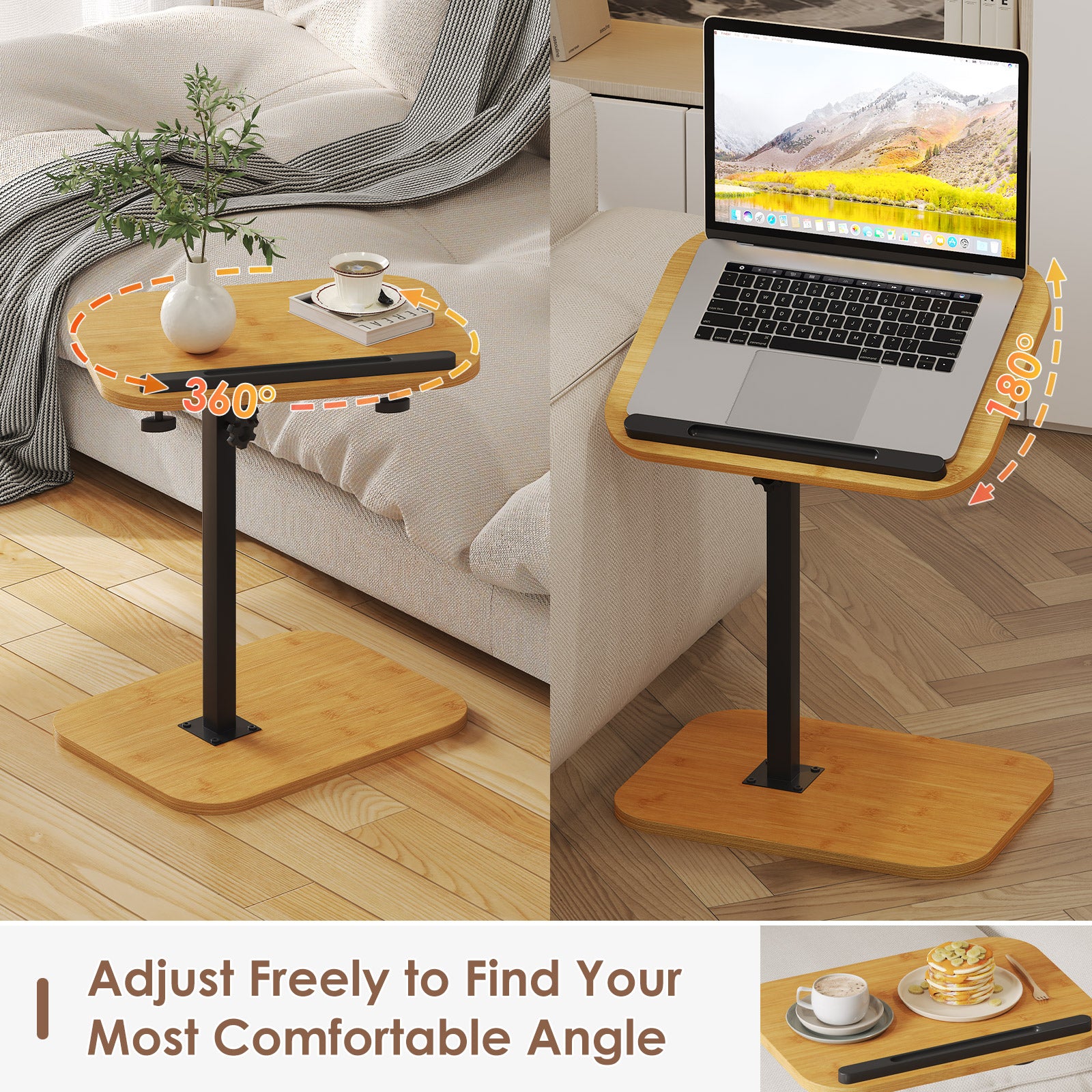 Sofa Couch Arm Table Tv Tray Small Bed Stand C Shaped Side End Tables for Living Room, Bedroom, Natural