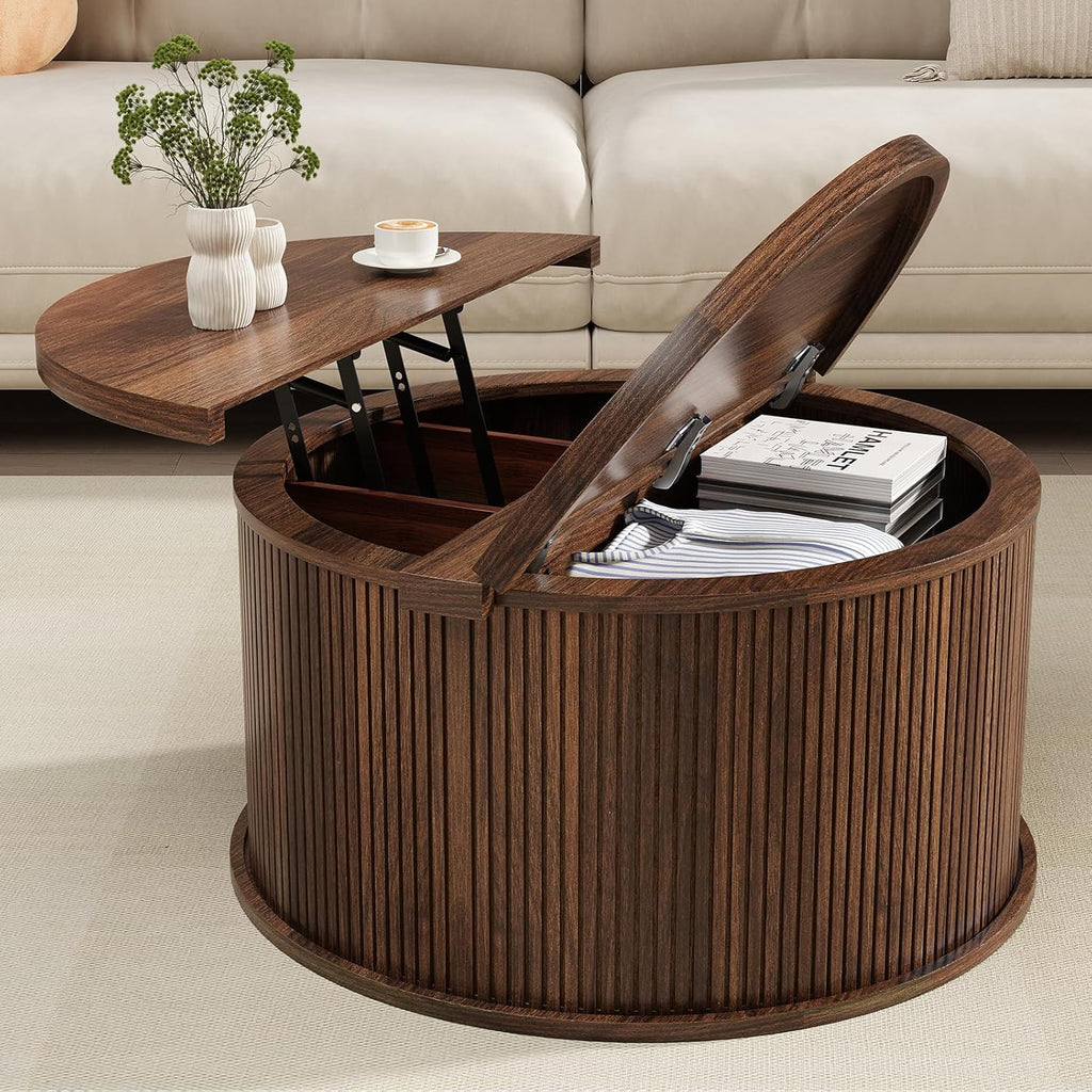 Round Coffee Table with Storage, 31.5" Lift Top Center Table with Gas Strut, Fluted Farmhouse Drum with 2 Hidden Compartments, Mid Century Modern Wood Circle Table for Living Room (Dark Brown)