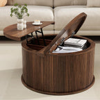 Round Coffee Table with Storage, 31.5" Lift Top Center Table with Gas Strut, Fluted Farmhouse Drum with 2 Hidden Compartments, Mid Century Modern Wood Circle Table for Living Room (Dark Brown)