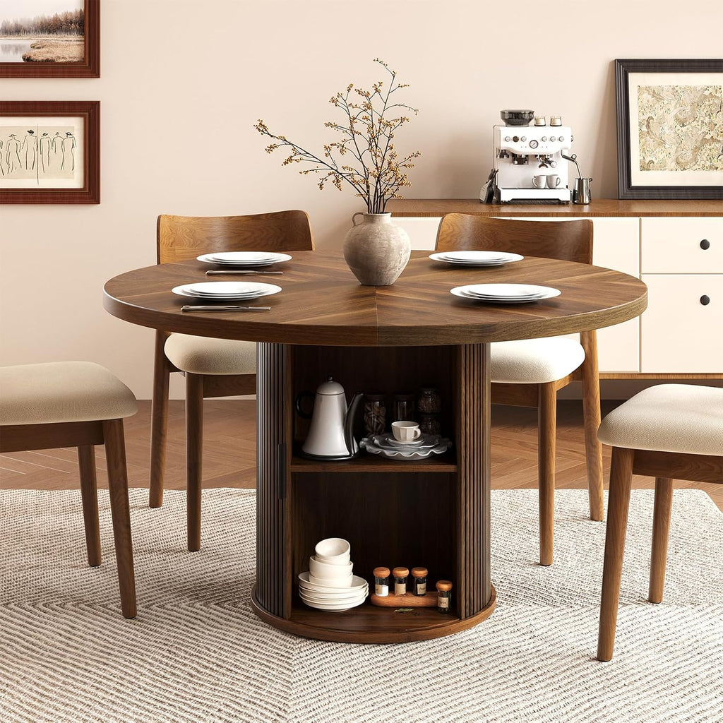 47 inch Round Dining Table for 4, Farmhouse Kitchen Table with 2-Layer Storage Shelf and Wood Slide Door Modern Dinner Table or Home Dining Room Living Room (Walnut)