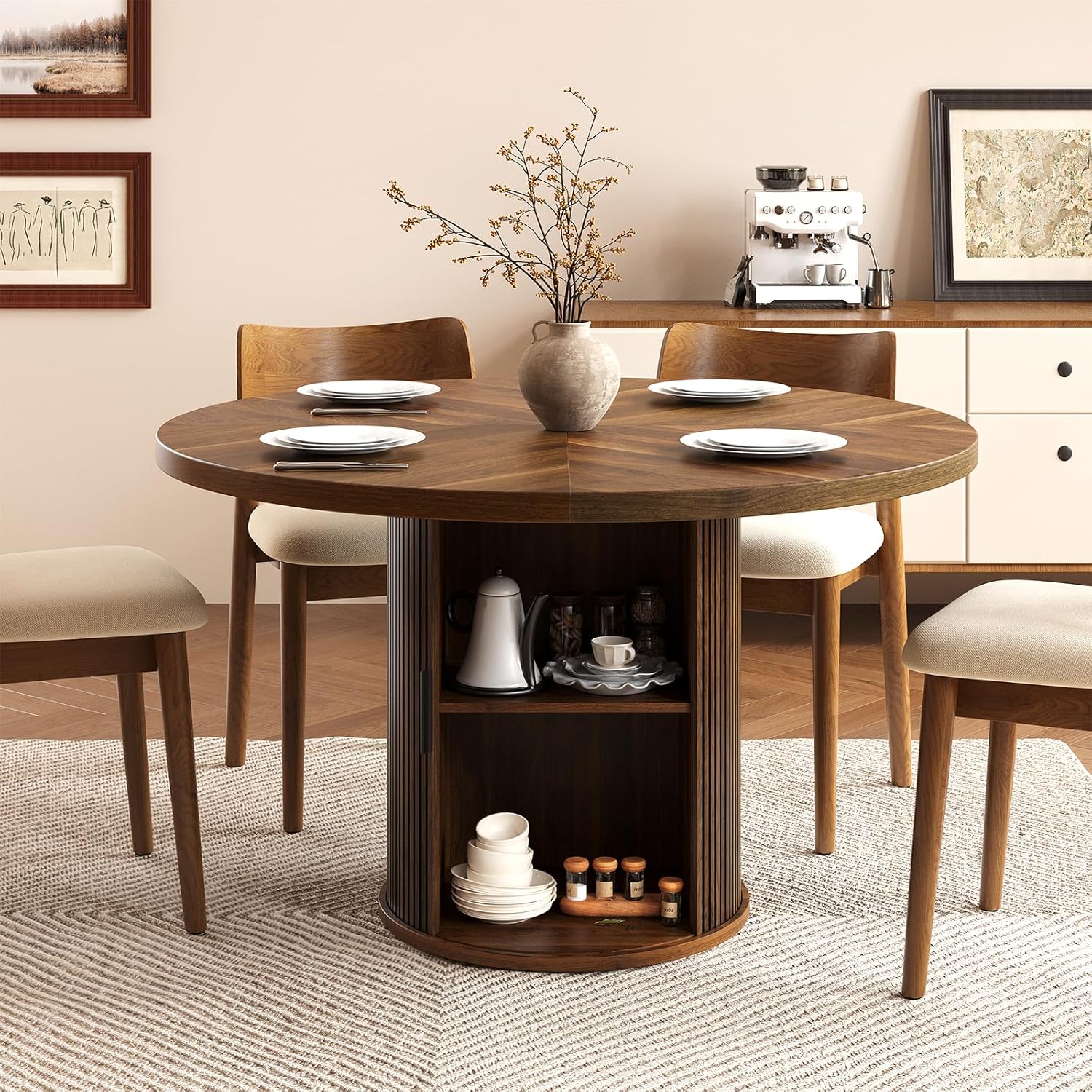 47 inch Round Dining Table for 4, Farmhouse Kitchen Table with 2-Layer Storage Shelf and Wood Slide Door Modern Dinner Table or Home Dining Room Living Room (Walnut)