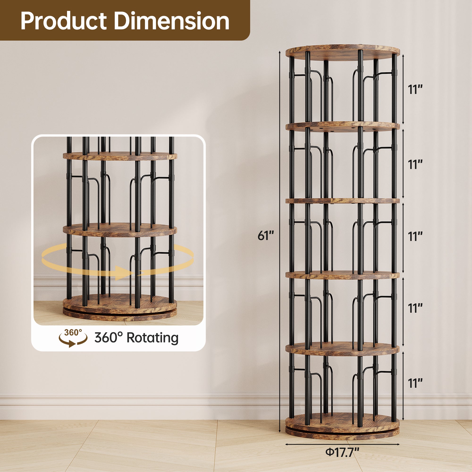 5 Tier Rotating Bookshelf Tower, 360° Spinning Bookcase, Vertical Floor Standing Revolving Bookshelf Organizer for Small Spaces, Corner, Living Room, Bedroom, Rustic Brown