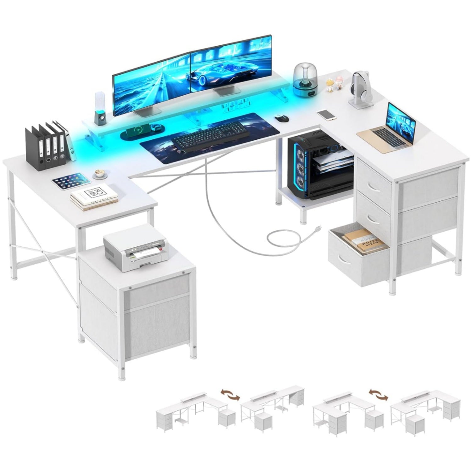 U Shaped Computer Gaming Desk, Reversible L Shaped Desk with Power Outlets & USB Ports, LED Strip & Monitor Stand, Large Corner Desk with Storage Shelves for Home Office, White