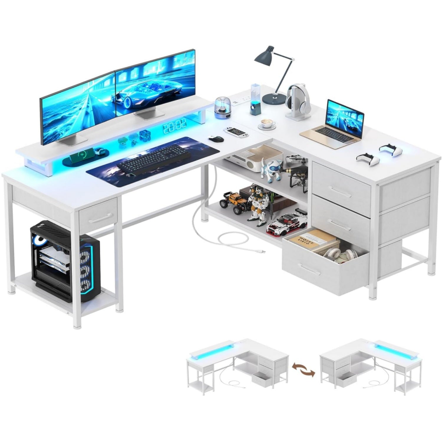 61" L Shaped Computer Desk with Monitor Stand, Reversible Corner Gaming Desk with Drawers, Home Office Desk with Power Outlets & USB Ports, LED Lights, White
