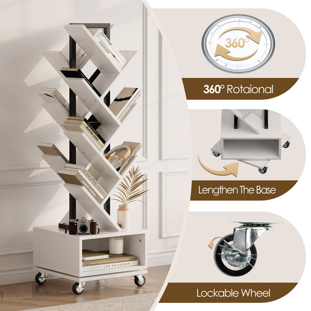 7 Tier Tree-Shaped Rotating Bookshelf, Double Sided, Small Bookcase with Storage Cabinet, Modern Tall Narrow Bookshelves Organizer, Floor Standing Book Shelf for Bedroom/Living Room, White