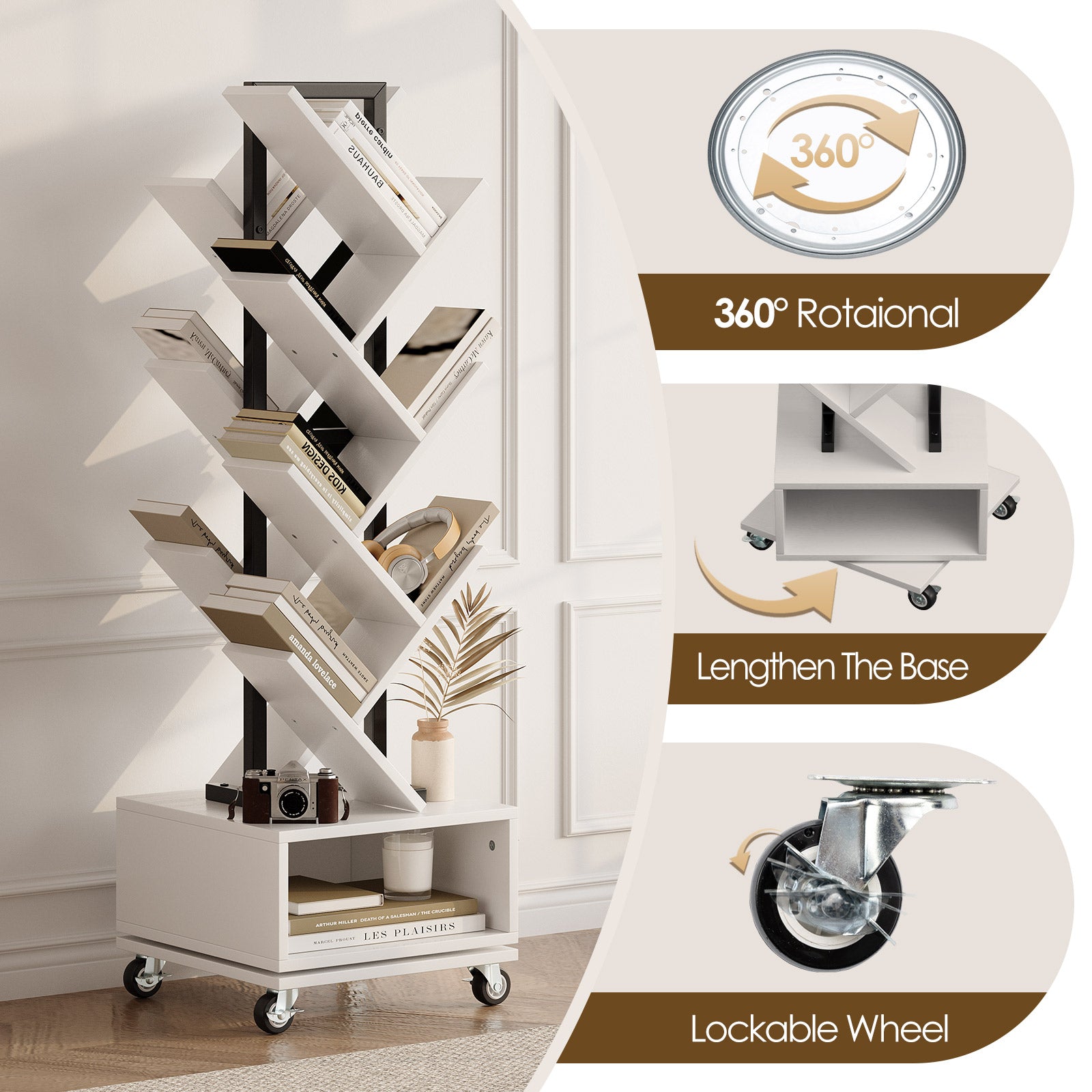 7 Tier Tree-Shaped Rotating Bookshelf, Double Sided, Small Bookcase with Storage Cabinet, Modern Tall Narrow Bookshelves Organizer, Floor Standing Book Shelf for Bedroom/Living Room, White