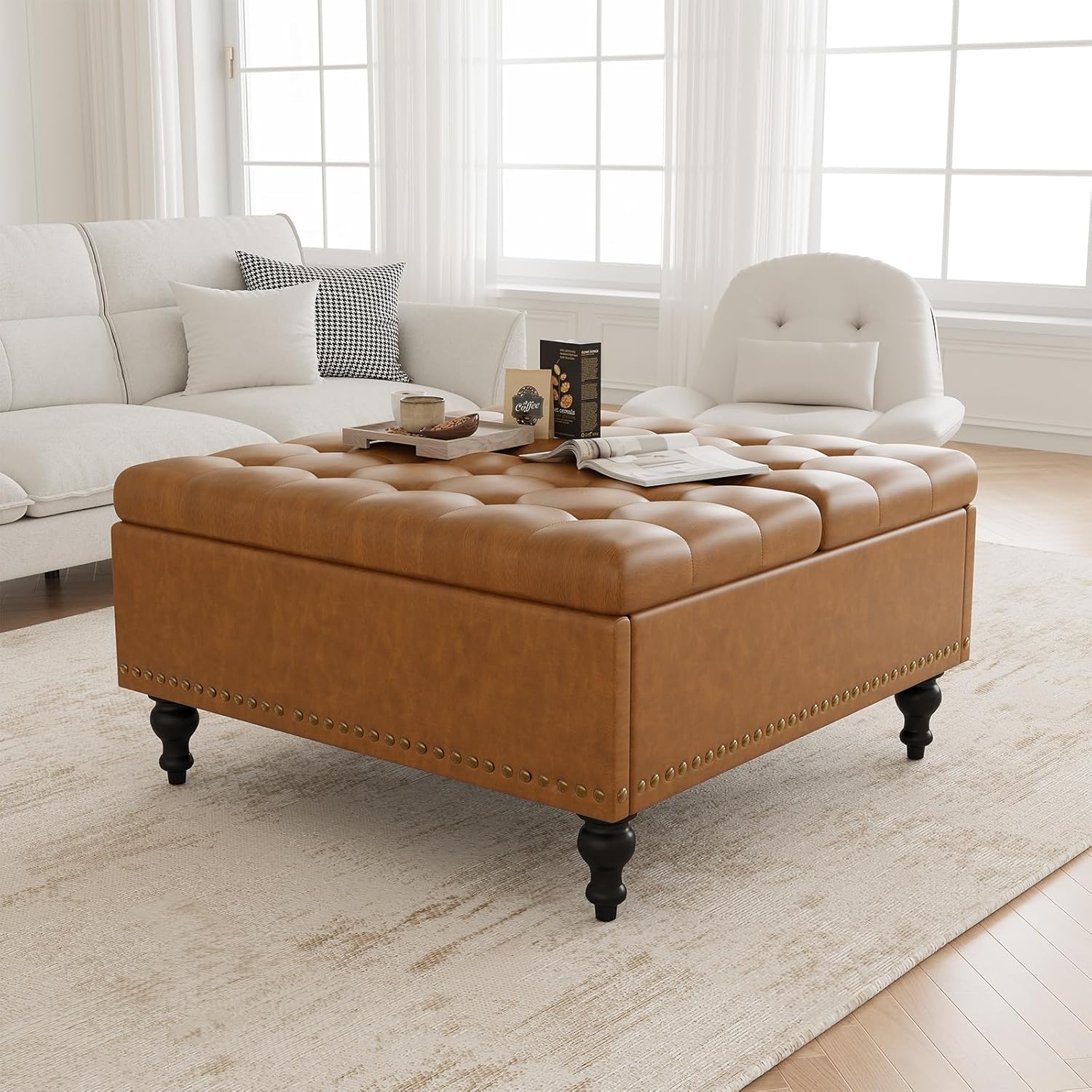 Square Leather Ottoman with Storage, Coffee Table Ottoman with Lift Top, Large Upholstered Footrest Storage, Brown