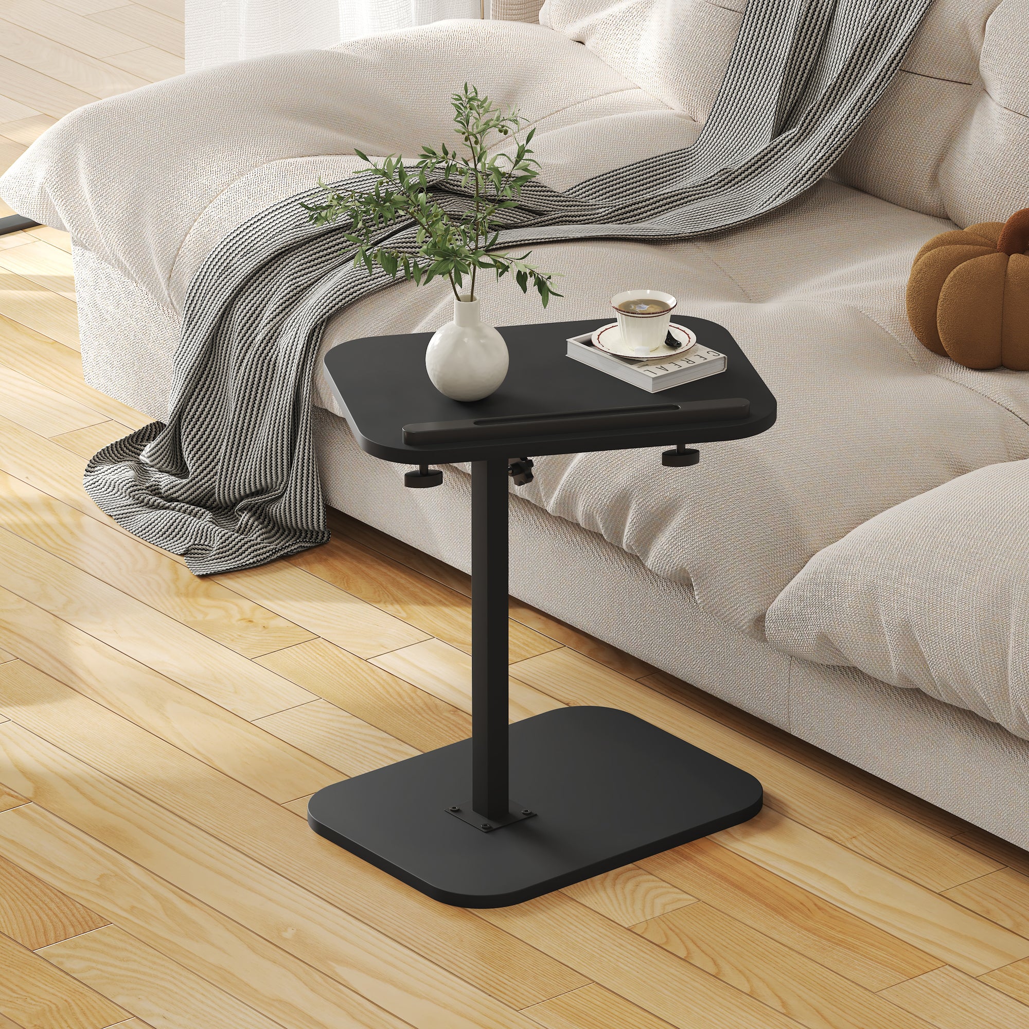 Sofa Couch Arm Table Tv Tray Small Bed Stand C Shaped Side End Tables for Living Room, Bedroom, Bedside Black