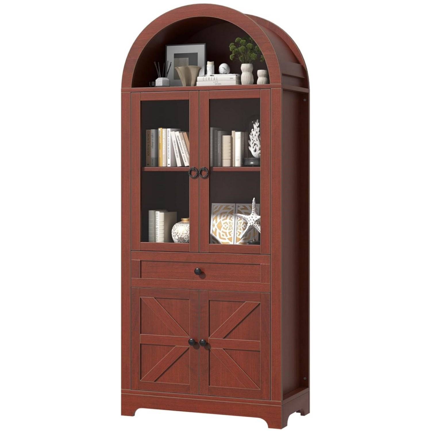 71" Tall Farmhouse Arched Storage Cabinet with Glass Door, Drawer and Barn Door, Versatile Pantry for Kitchen, Dining Room, Bathroom, Brown