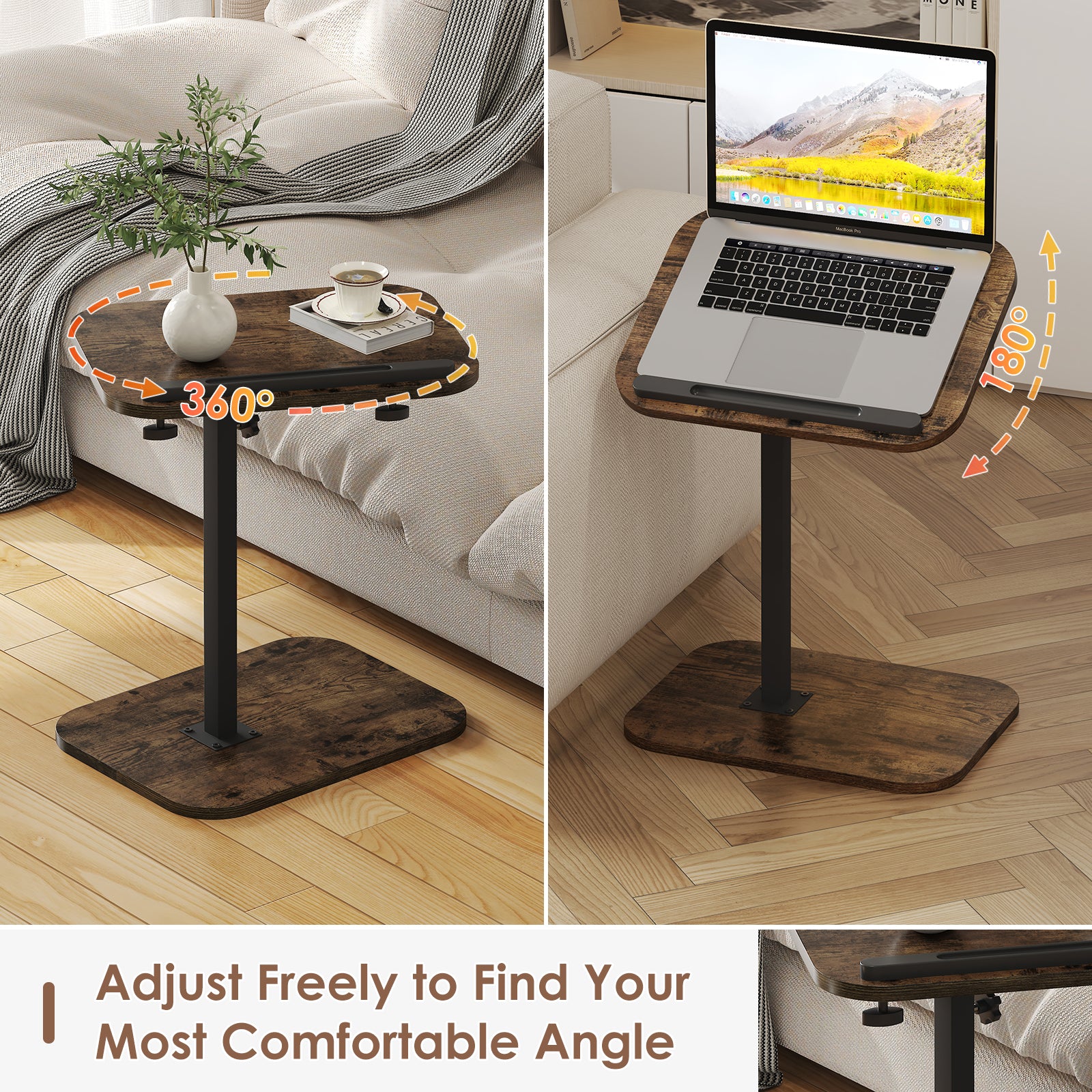 Sofa Couch Arm Table Tv Tray Small Bed Stand C Shaped Side End Tables for Living Room, Bedroom, Bedside Rustic