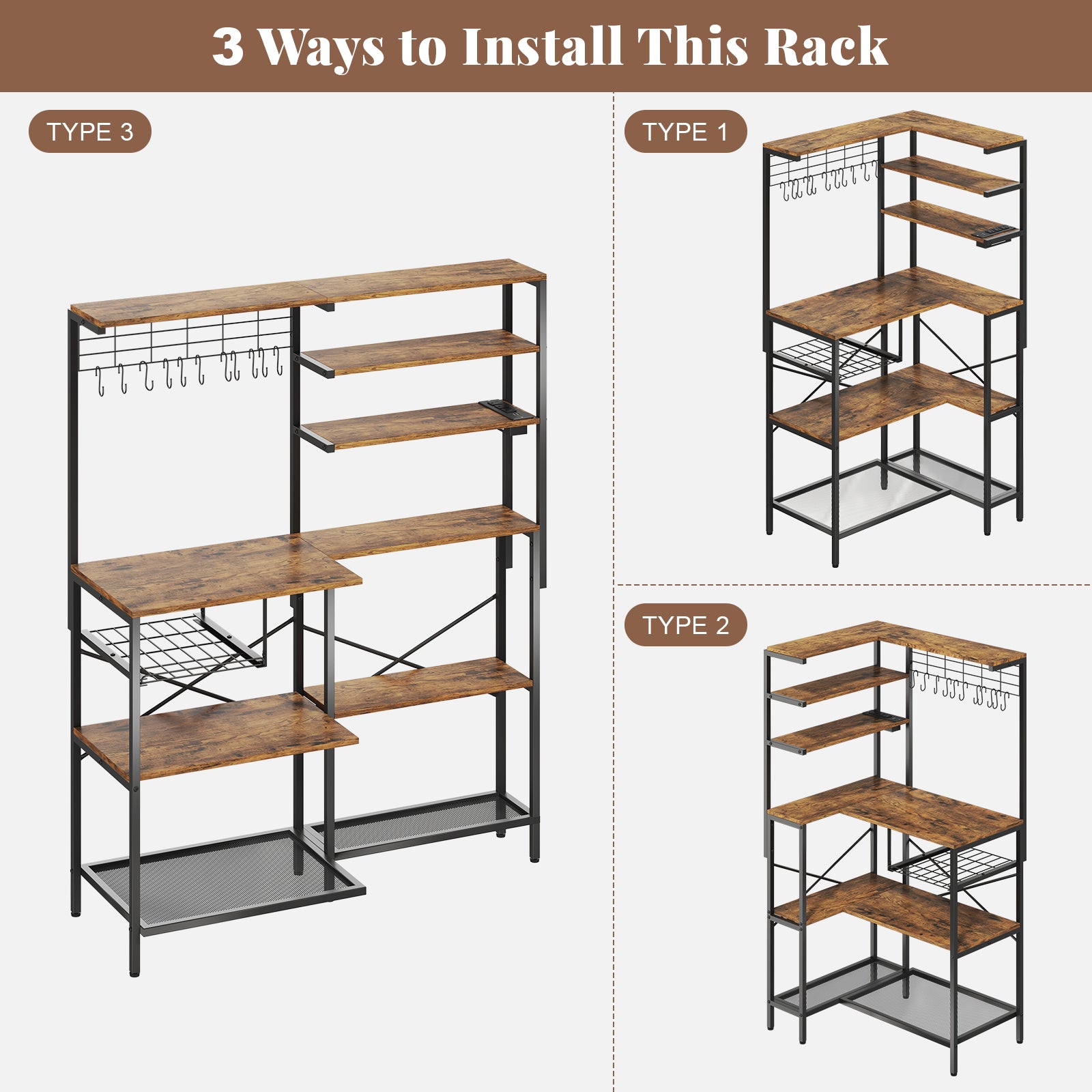 L-Shaped Bakers Rack with Power Outlet, 6-Tier Microwave Stand with Open Storage, Coffee Bar with Hooks, Mesh Grid, Kitchen Shelf with Wire Basket, Rustic Brown and Black