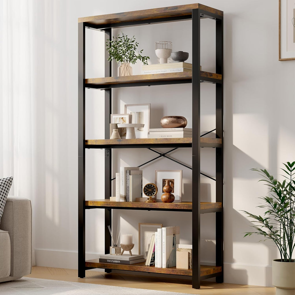 5-Tier Adjustable Heavy Duty Bookshelf, Industrial Wooden Open Storage Rack with Black Metal Frame, Vintage Bookcase with Lock Wall Design, Rustic Brown