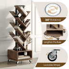 49" Rotating Tree Bookshelf, 7 Tier Double Sided Shelf, Wood Corner Bookshelf with Wheels, 360 Display Spinning Bookcase Storage Rack, Ideal for Small Rooms, Easy Assembly, Rustic Brown