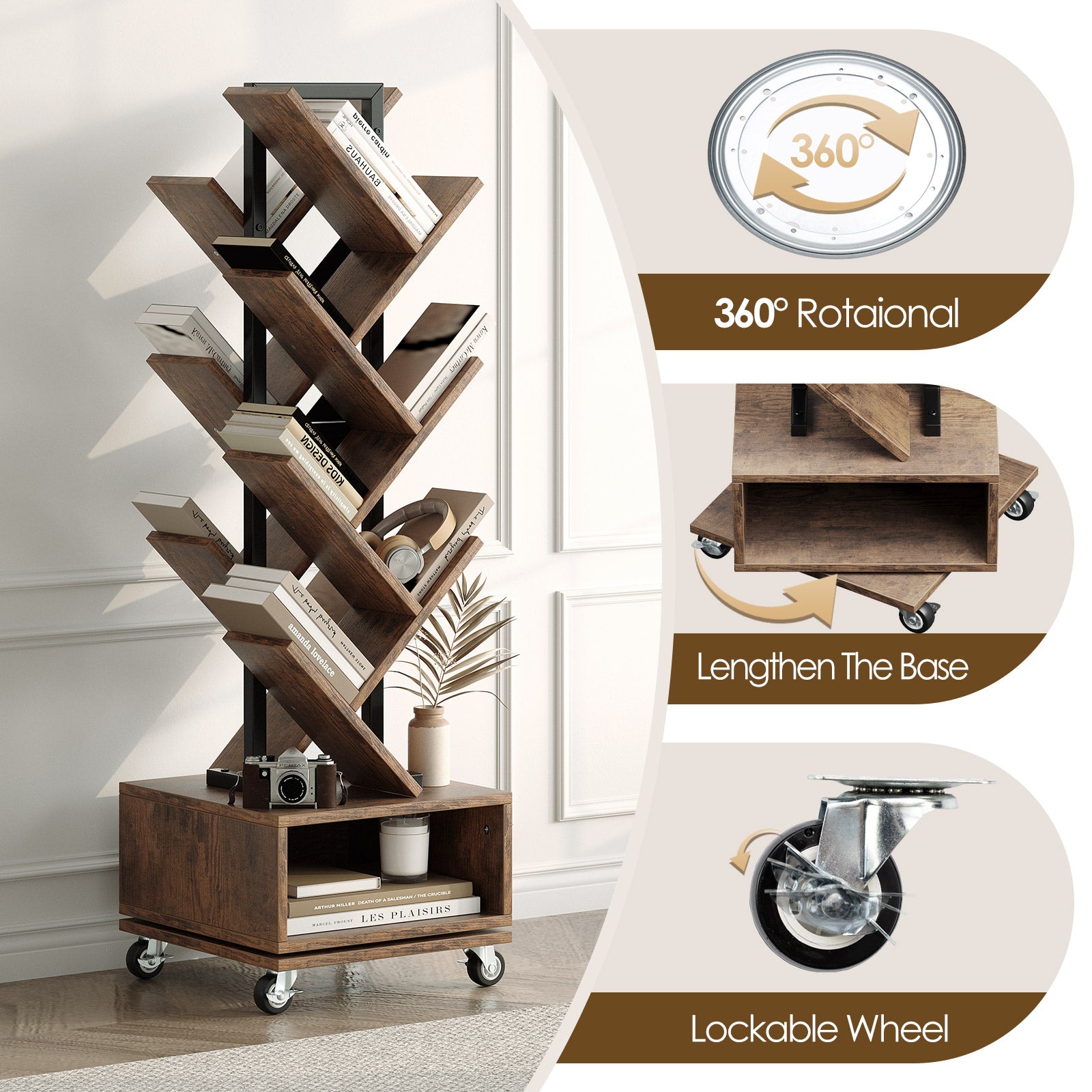 49" Rotating Tree Bookshelf, 7 Tier Double Sided Shelf, Wood Corner Bookshelf with Wheels, 360 Display Spinning Bookcase Storage Rack, Ideal for Small Rooms, Easy Assembly, Rustic Brown
