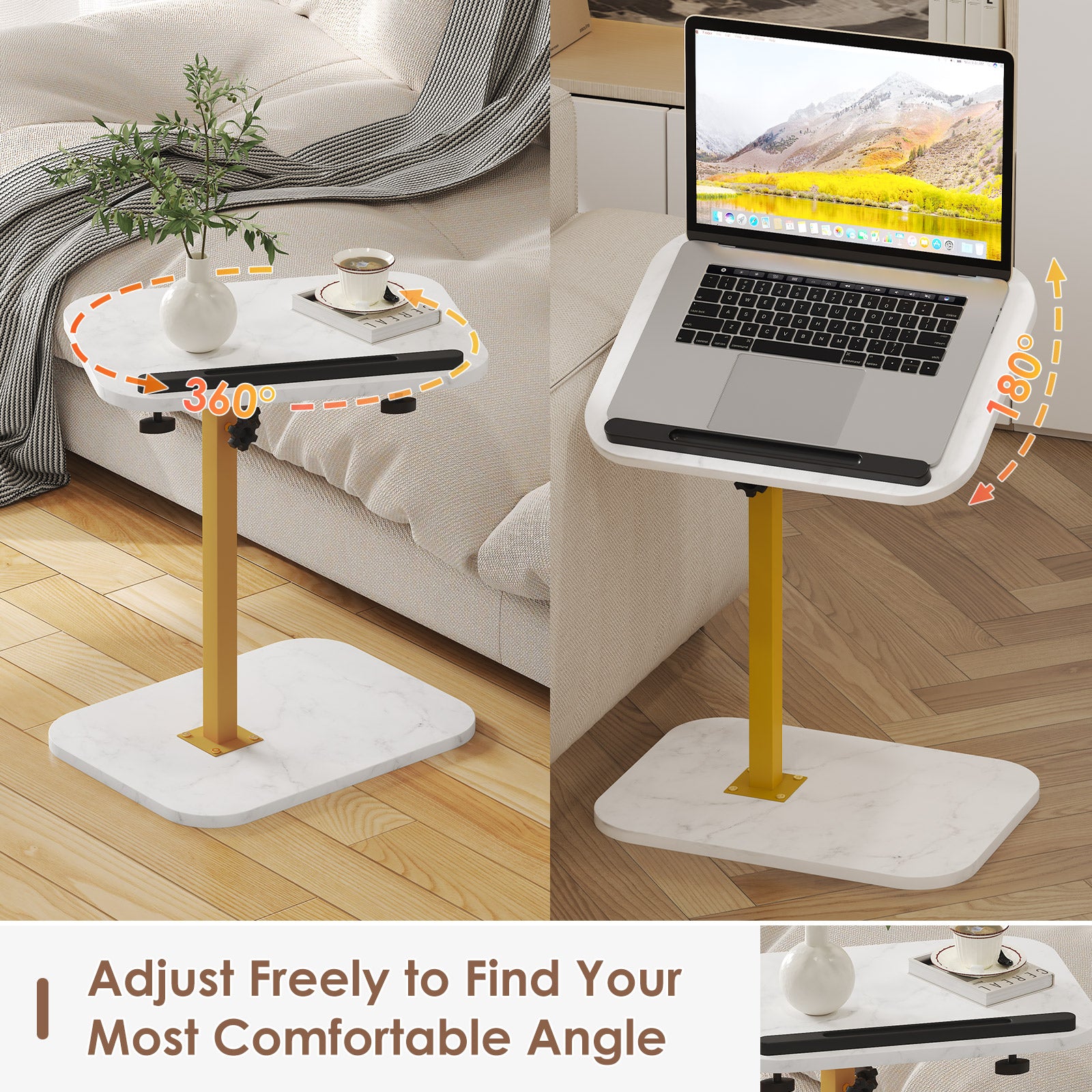Sofa Couch Arm Table Tv Tray Small Bed Stand C Shaped Side End Tables for Living Room, Bedroom, Marble