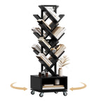 7 Tier Double Sided Rotating Tree Book Shelf, Floor Standing Wood Bookshelf with Adjustable Wheels for Narrow Space, with Storage Cabinet for Books/CDs/Magazine, Black