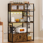 69 Inch Bakers Rack with Storage Cabinet, 5-Tier Coffee Bar with Power Outlet and LED Lights, Industrial Microwave Oven Stand with Shelves, Kitchen Storage Shelf, Rustic Brown