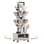 7 Tier Tree-Shaped Rotating Bookshelf, Double Sided, Small Bookcase with Storage Cabinet, Modern Tall Narrow Bookshelves Organizer, Floor Standing Book Shelf for Bedroom/Living Room, White