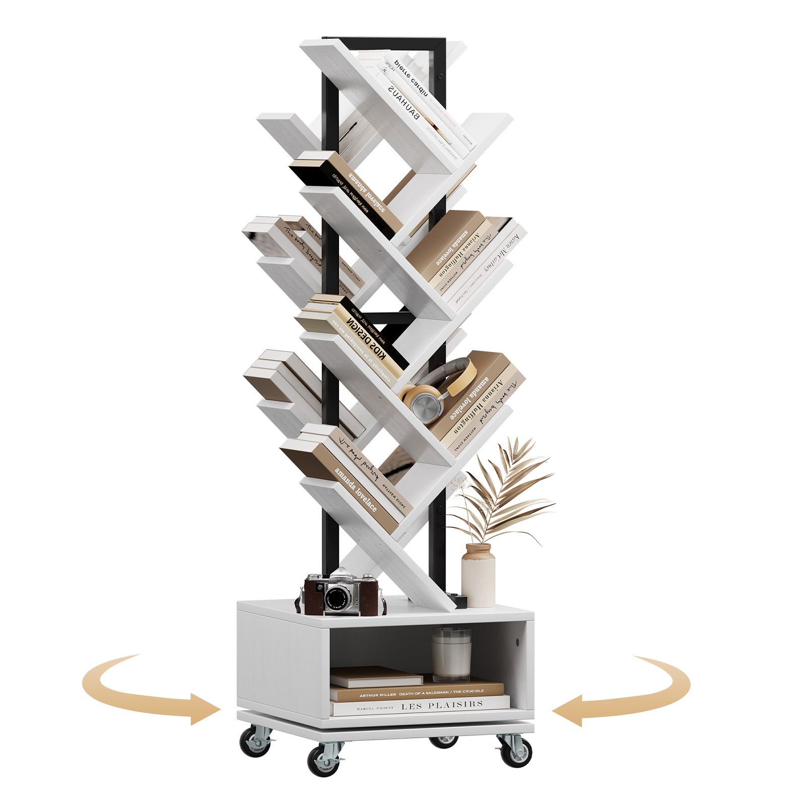 7 Tier Tree-Shaped Rotating Bookshelf, Double Sided, Small Bookcase with Storage Cabinet, Modern Tall Narrow Bookshelves Organizer, Floor Standing Book Shelf for Bedroom/Living Room, White