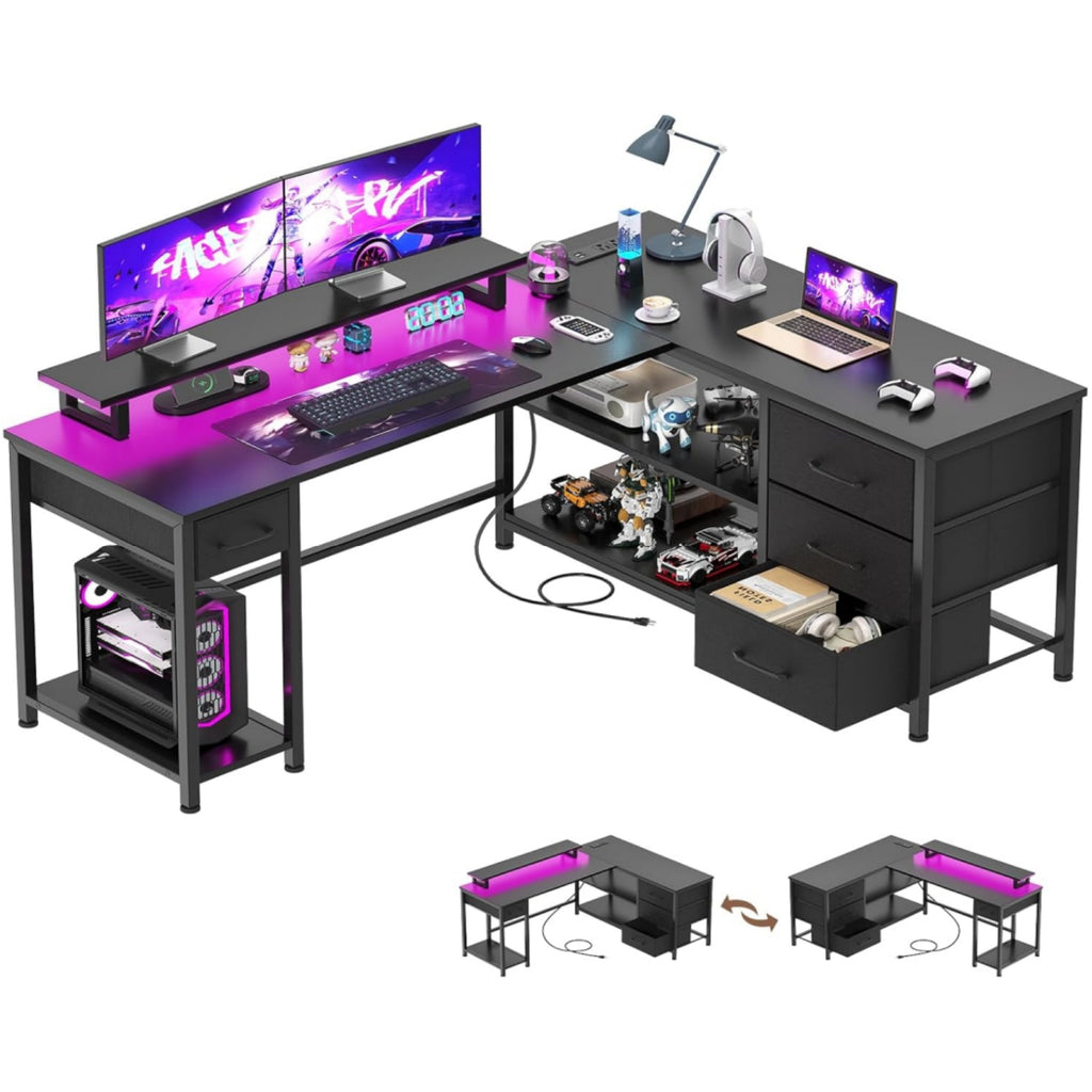 61" L Shaped Computer Gaming Desk with USB Charging Ports and LED Lights, Reversible Corner Desk with Drawers, Home Office Desk with Storage Shelves, Black