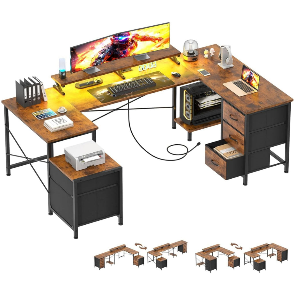 U Shaped Computer Desk, Reversible L Shaped Desk with Power Outlets & USB Ports, Corner Gaming Desk with Drawers, Home Office Desk with Storage Shelves, LED Lights, Rustic Brown
