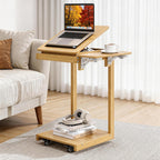 C Shaped End Table for Couch, C Side Table with Convertible Desktop, Folding Tray & Lockable Wheels, 360° Swivel TV Tray Table, Couch Tables That Slide Under, for Living Room, Bedroom, Sofa, Oak