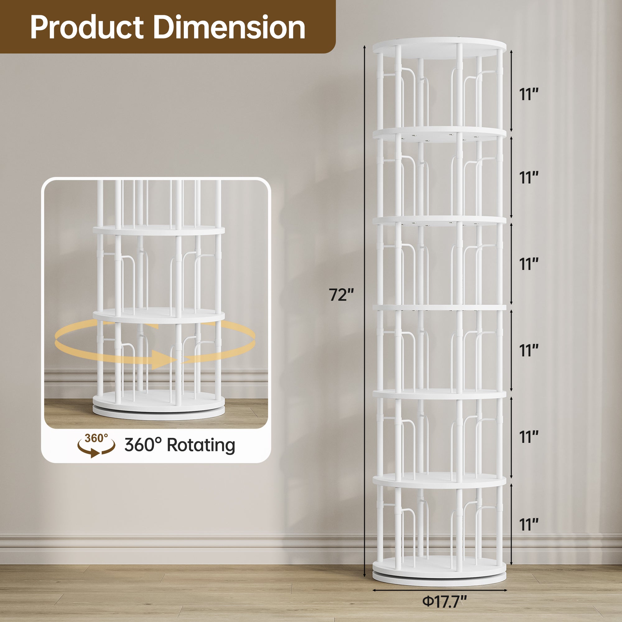6 Tier Rotating Bookshelf Tower, 360° Spinning Bookcase, Vertical Floor Standing Revolving Bookshelf Organizer for Small Spaces, Corner, Living Room, Bedroom, White