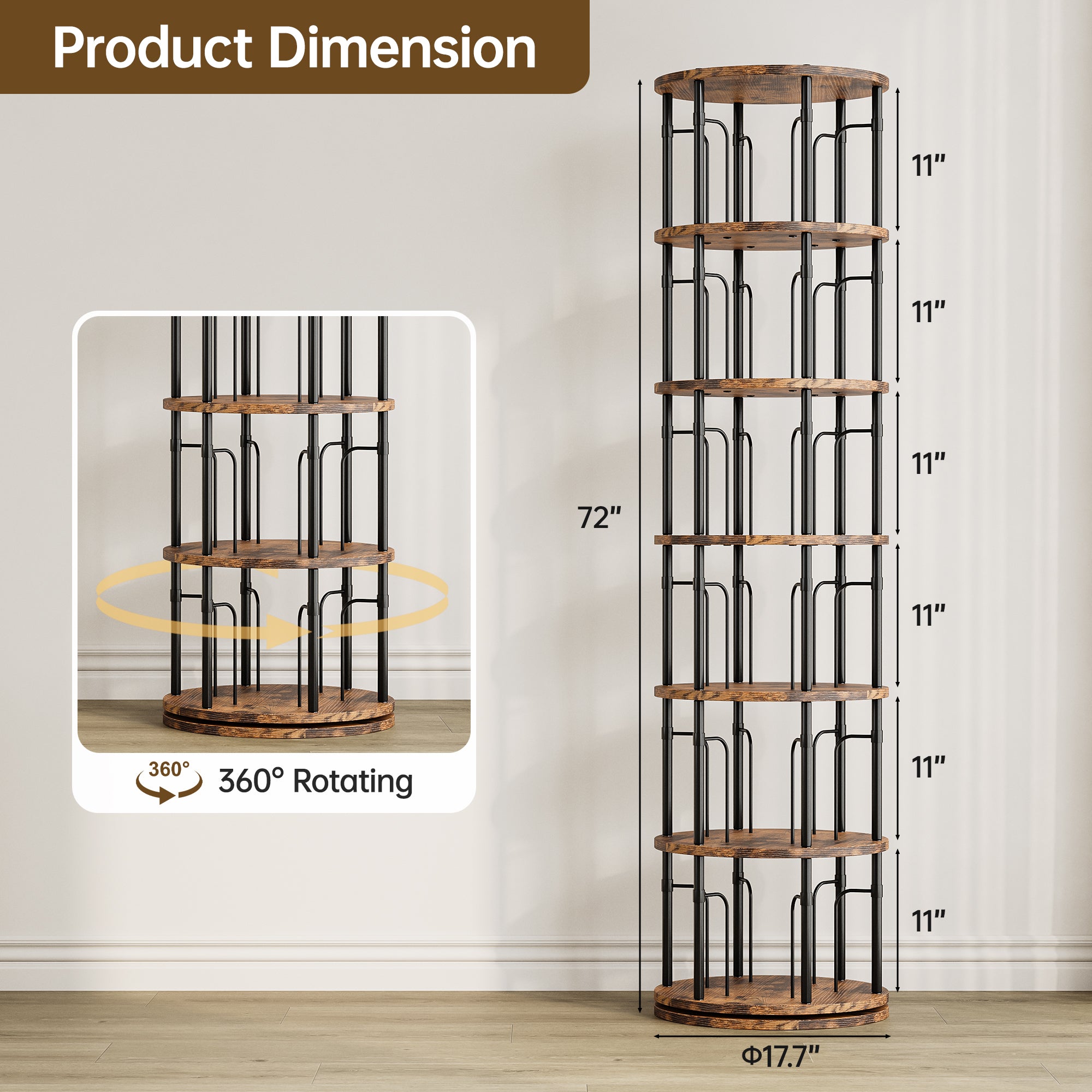 6 Tier Rotating Bookshelf Tower, 360° Spinning Bookcase, Vertical Floor Standing Revolving Bookshelf Organizer for Small Spaces, Corner, Living Room, Bedroom, Rustic Brown