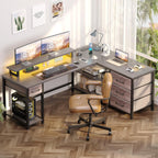 60" Corner Gamer Desk Table with Power Outlets, Reversible L Shaped Home Office Desk with Drawers, Computer Desk with Monitor Stand, LED Lights, Grey