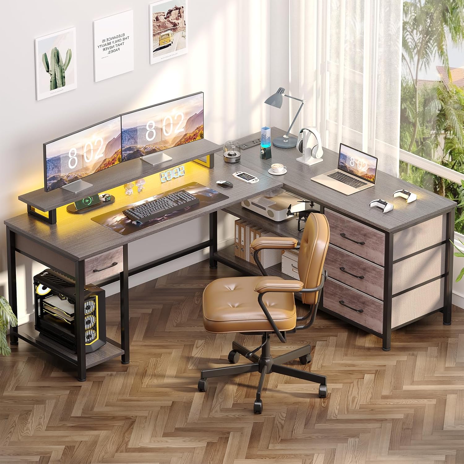 60" Corner Gamer Desk Table with Power Outlets, Reversible L Shaped Home Office Desk with Drawers, Computer Desk with Monitor Stand, LED Lights, Grey