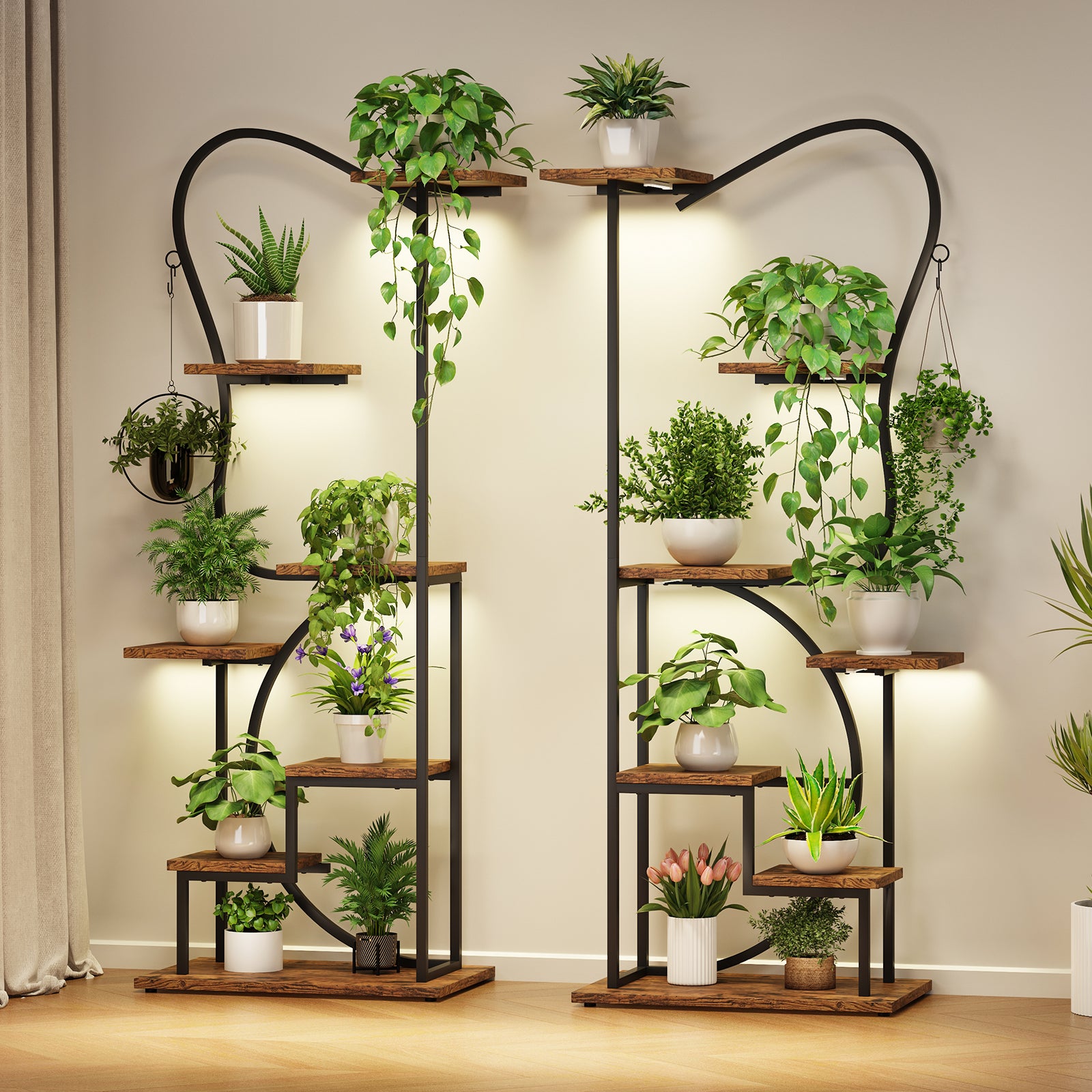 Plant Stand Indoor with Grow Lights - 67" Butterfly-Shaped Metal Shelf, 7-Tier Tall Plant Stands, Ladder-Style Display Rack for Living Room, Patio, or Balcony, 2 Pack