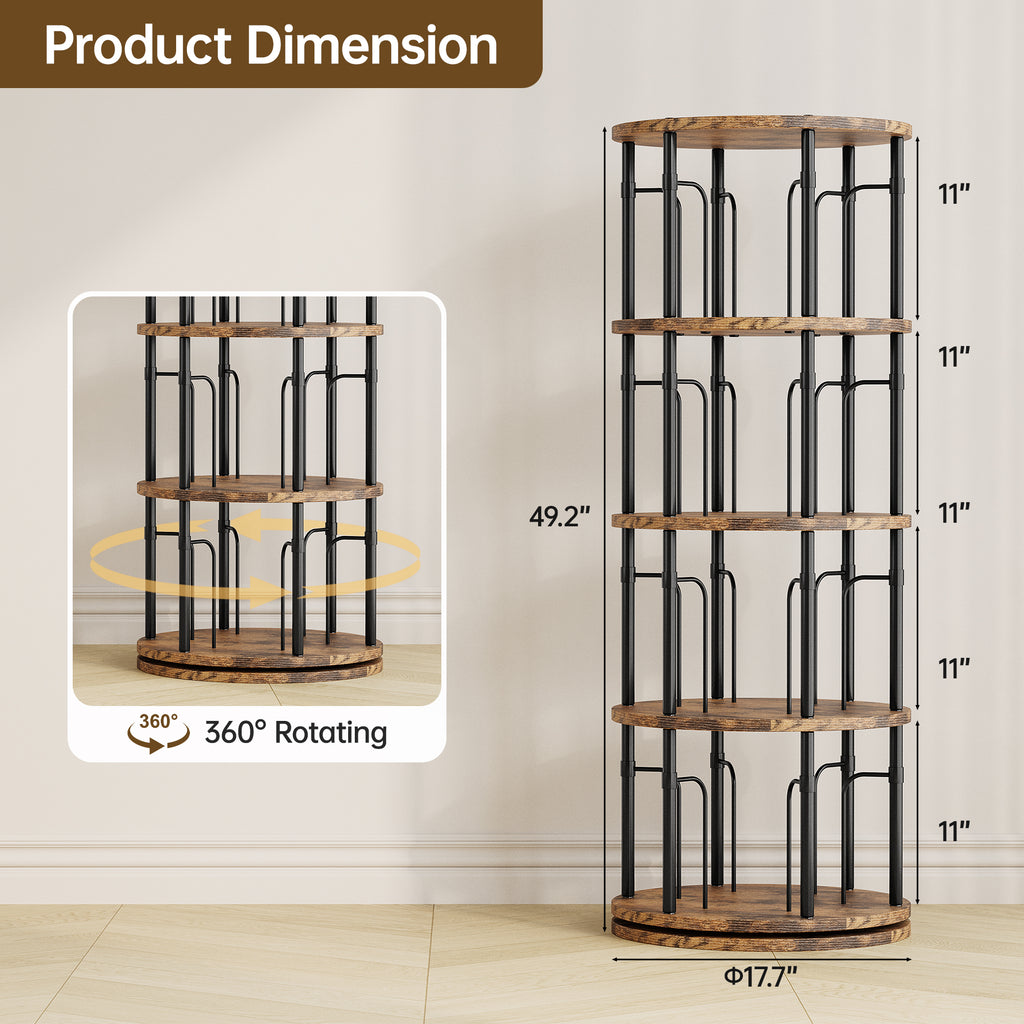 4 Tier Rotating Bookshelf Tower, 360° Spinning Bookcase, Vertical Floor Standing Revolving Bookshelf Organizer for Small Spaces, Corner, Living Room, Bedroom, Rustic Brown