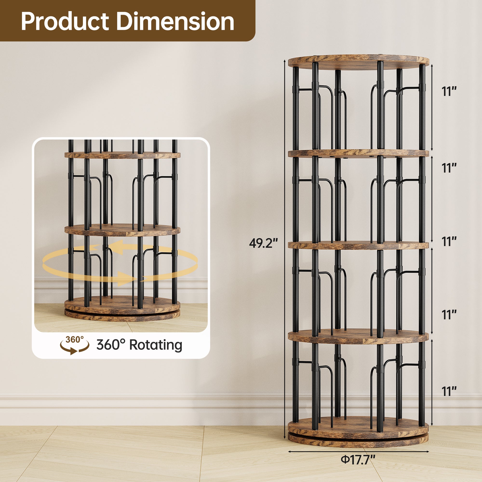 4 Tier Rotating Bookshelf Tower, 360° Spinning Bookcase, Vertical Floor Standing Revolving Bookshelf Organizer for Small Spaces, Corner, Living Room, Bedroom, Rustic Brown