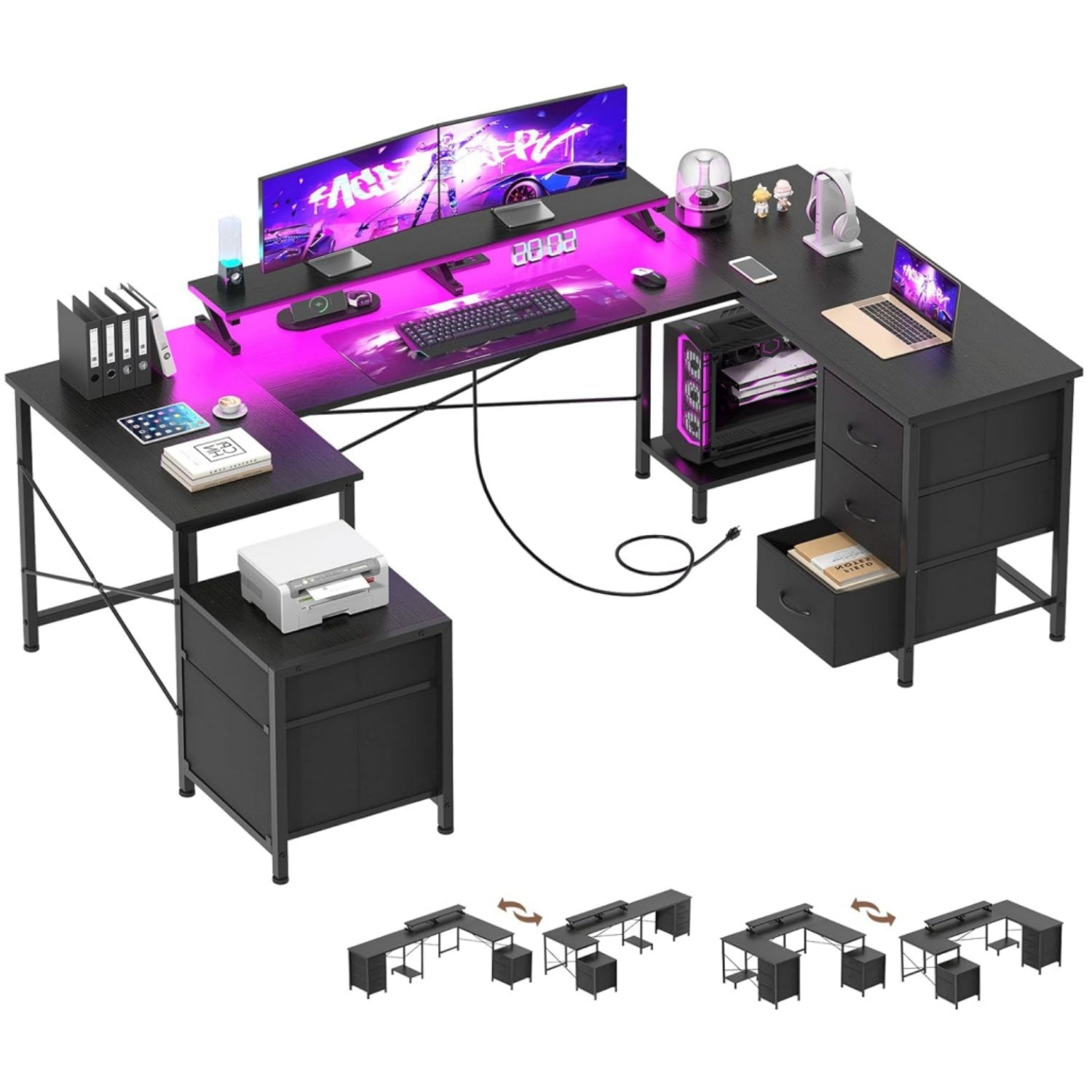 U Shaped Computer Gaming Desk, Reversible L Shaped Desk with Power Outlets & USB Ports, LED Strip & Monitor Stand, Large Corner Desk with Storage Shelves for Home Office, Black