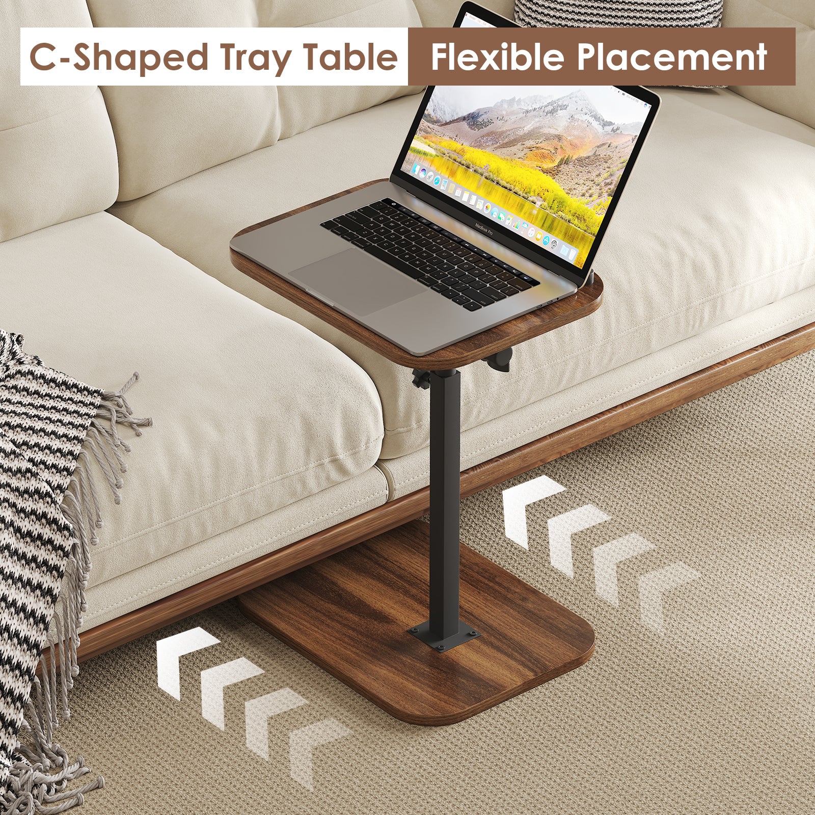 Sofa Couch Arm Table Tv Tray Small Bed Stand C Shaped Side End Tables for Living Room, Bedroom, Bedside Walnut