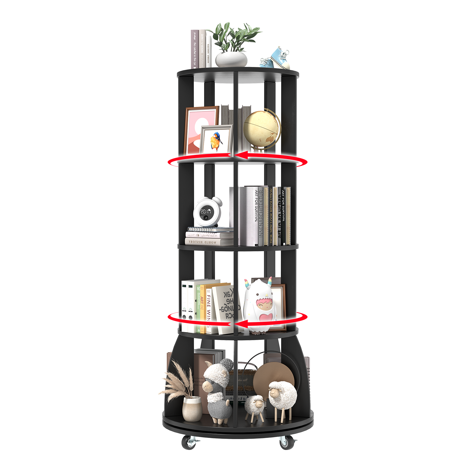 4 Tier Rotating Bookshelf with Brake Wheels, 360° Spinning Bookcase, Vertical Floor Standing Revolving Bookshelf Organizer for Small Spaces, Corner, Living Room, Bedroom, Black