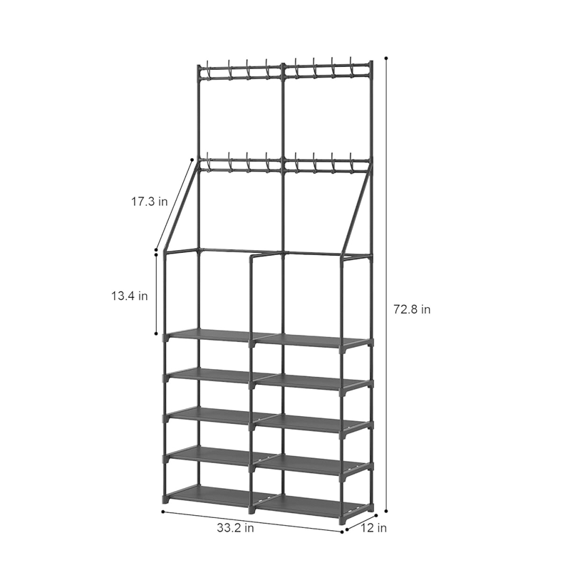 3-in-1 Double Row Coat Shoe Rack Space-Saving Entryway Furniture, Hall Tree with Shoe Storage, Multifunctional Solution, 16 Hooks, Black