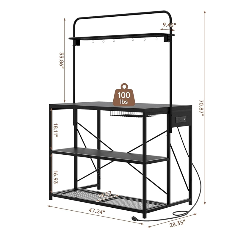 Kitchen Island with Storage, 3-Tier Bakers Rack with Power Outlet, Microwave Stand with 8 Hooks, 1.2" Thickened Tabletop, Large Coffee Bar Table, Black, 47"x28"x71"