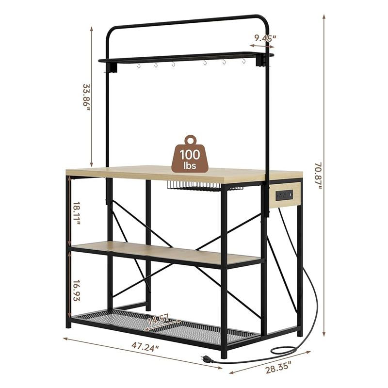 Kitchen Island with Storage, 3-Tier Bakers Rack with Power Outlet, Microwave Stand with 8 Hooks, 1.2" Thickened Tabletop, Large Coffee Bar Table, Natural, 47"x28"x71"