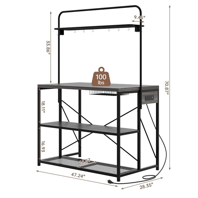 Kitchen Island with Storage, 3-Tier Bakers Rack with Power Outlet, Microwave Stand with 8 Hooks, 1.2" Thickened Tabletop, Large Coffee Bar Table, Grey, 47"x28"x71"