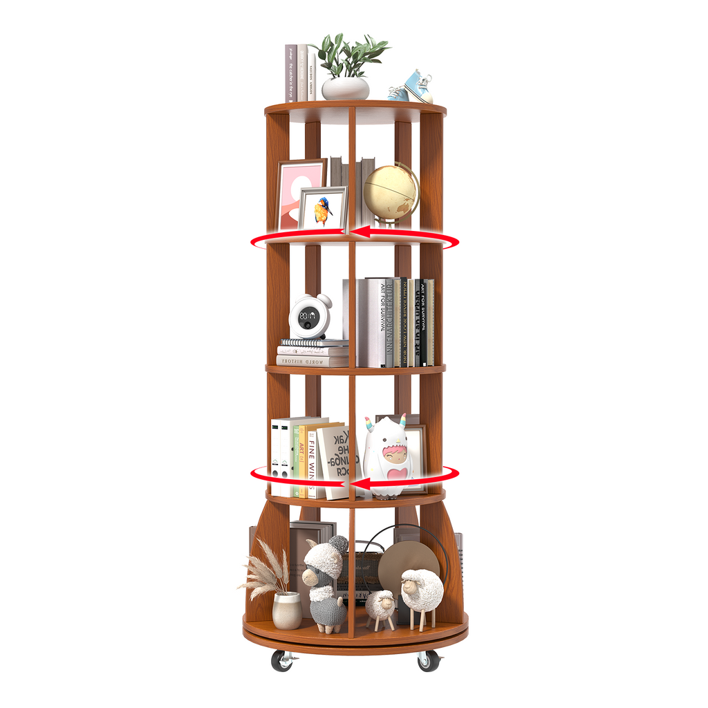 4 Tier Rotating Bookshelf with Brake Wheels, 360° Spinning Bookcase, Vertical Floor Standing Revolving Bookshelf Organizer for Small Spaces, Corner, Living Room, Bedroom, Rustic Brown