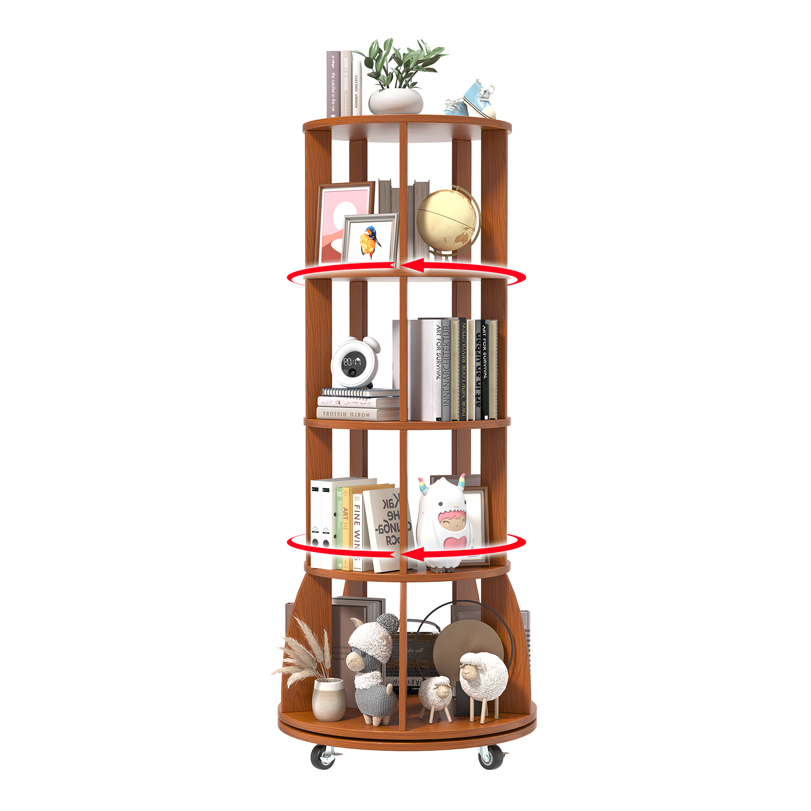 4 Tier Rotating Bookshelf with Brake Wheels, 360° Spinning Bookcase, Vertical Floor Standing Revolving Bookshelf Organizer for Small Spaces, Corner, Living Room, Bedroom, Rustic Brown